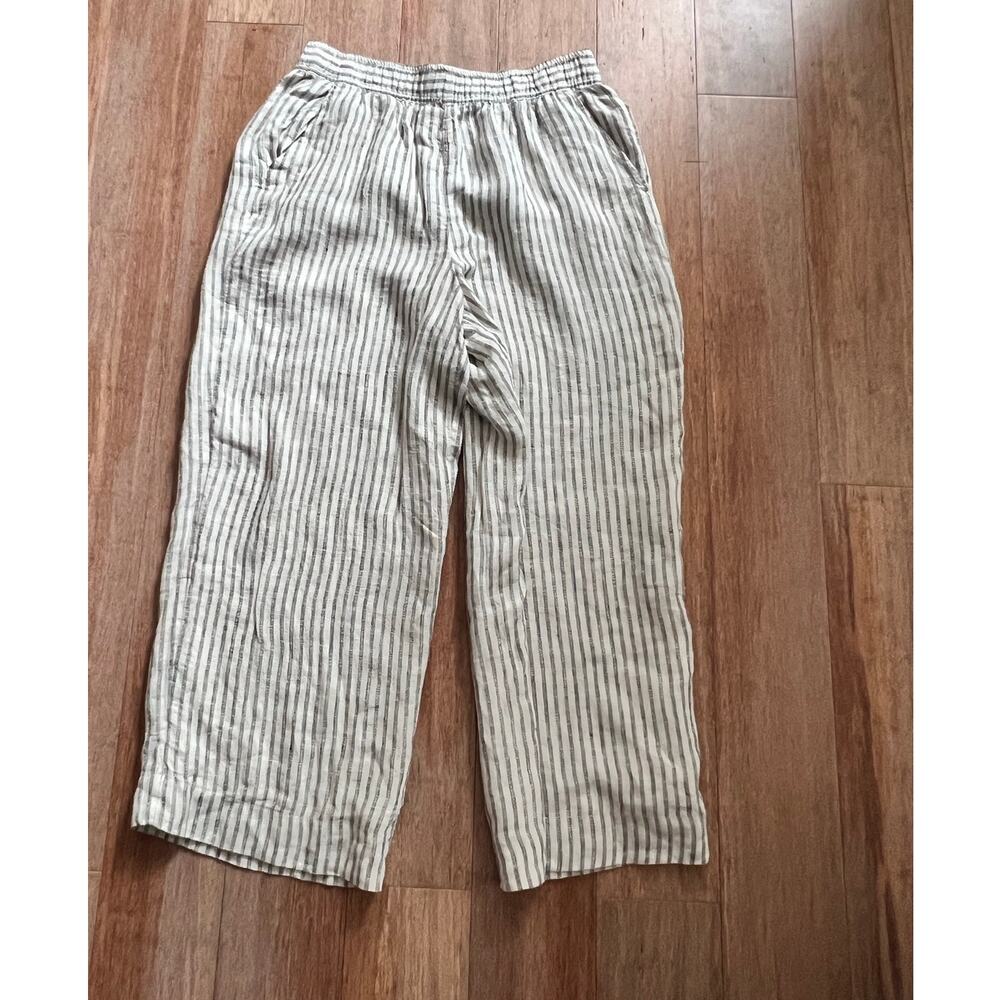 Tahari 100% Linen Fully Lined  Lagenlook Striped Wide Leg Cropped Pants Large